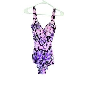 Maxine Hollywood Purple Tropical Print Cinched One Piece Shorts Bottom Suit 10